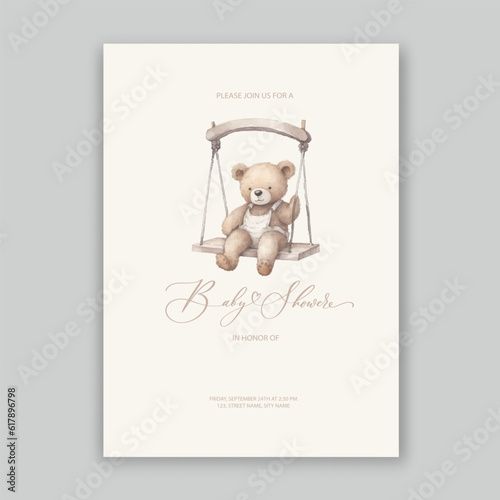 Cute baby shower watercolor invitation card for baby and kids new born celebration with plush teddy bear toy.