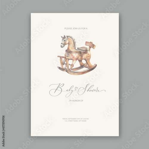 Cute baby shower watercolor invitation card for baby and kids new born celebration with wood rocking horse toy.