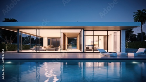 Modern house with swimming pool in modern design and night light.3d rendering