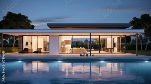 Modern house with swimming pool in modern design and night light.3d rendering © Eli Berr