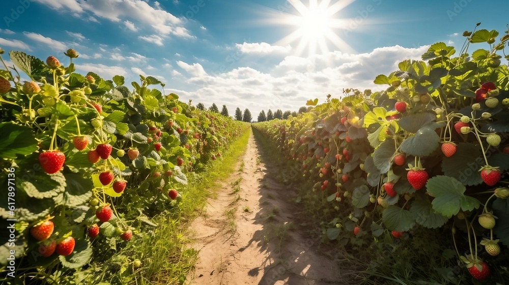Strawberries plantation field at sunset, summer farm landscape