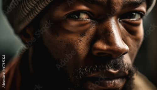 Confident young African man with beard staring at camera outdoors generated by AI