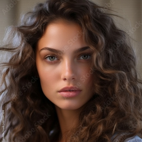 close up portrait of young woman with dark hair color and curly hair. Banner or poster. Social media content for beauty salons. Generative AI