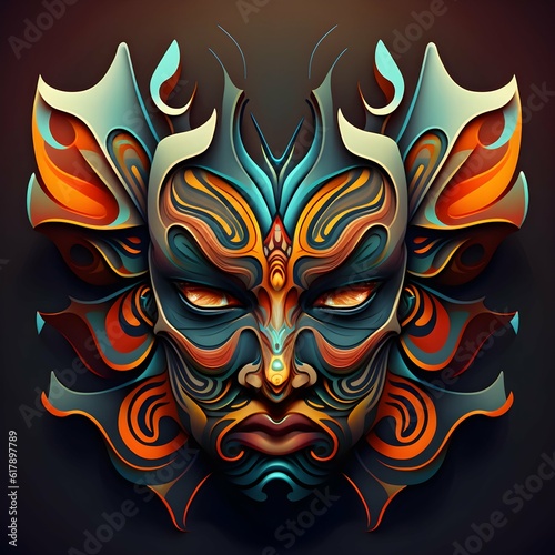 cartoon portrait monarch angry visage man face obscured by colorful mask symmetrical closeup bodymodification tattoos organic geometry disorienting 