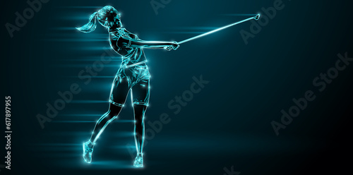 Abstract silhouette of a golf player on black background. Golfer woman hits the ball.
