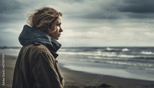 Young adult woman standing alone, looking at overcast sky generated by AI