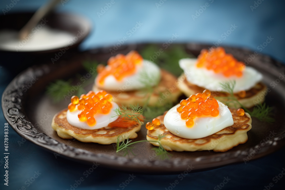 A plate topped with pancakes covered in red cavia. AI generative. A plate topped with pancakes covered in red cavia. AI generative.