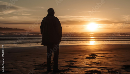Solitude in Nature One Man Standing, Back Lit by Sunset generated by AI