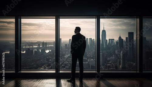 Successful businessman standing in cityscape, looking at urban skyline generated by AI