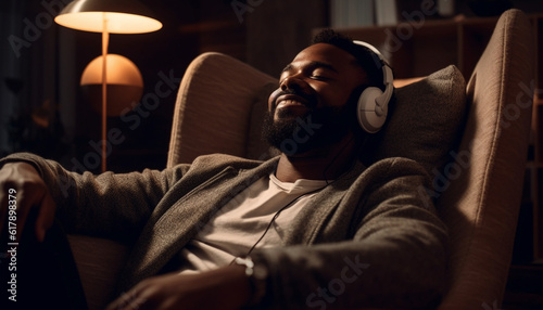 Happy young man enjoying leisure with headphones in modern living room generated by AI
