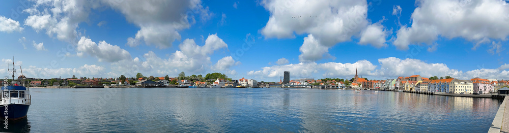 Panorama  Sønderborg harbor with beautiful old buildings, on a beautiful summer day, Sønderborg, Denmark