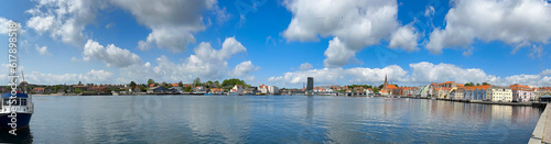 Panorama Sønderborg harbor with beautiful old buildings, on a beautiful summer day, Sønderborg, Denmark