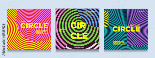 Modern Set Spiral Line. Abstract Summer Cover in Yellow, Pink, Green, Purple, Blue Color. 3d Circle Half for Banner, Poster, Card. Target Vector Illustration.