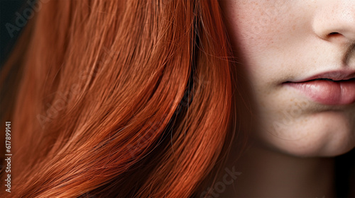 close-up element of portrait of young woman with bright red hair color and hairstyle. Banner or poster. Social media content for beauty salons. hair dye color in the catalog. Generative AI