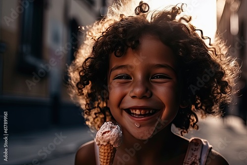 Boy eating an ice cream in the street. AI generative