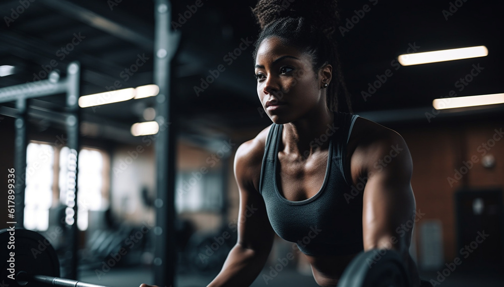 Young woman exercising with weights in a gym, determination evident generated by AI Young woman exercising with weights in a gym, determination evident generated by AI