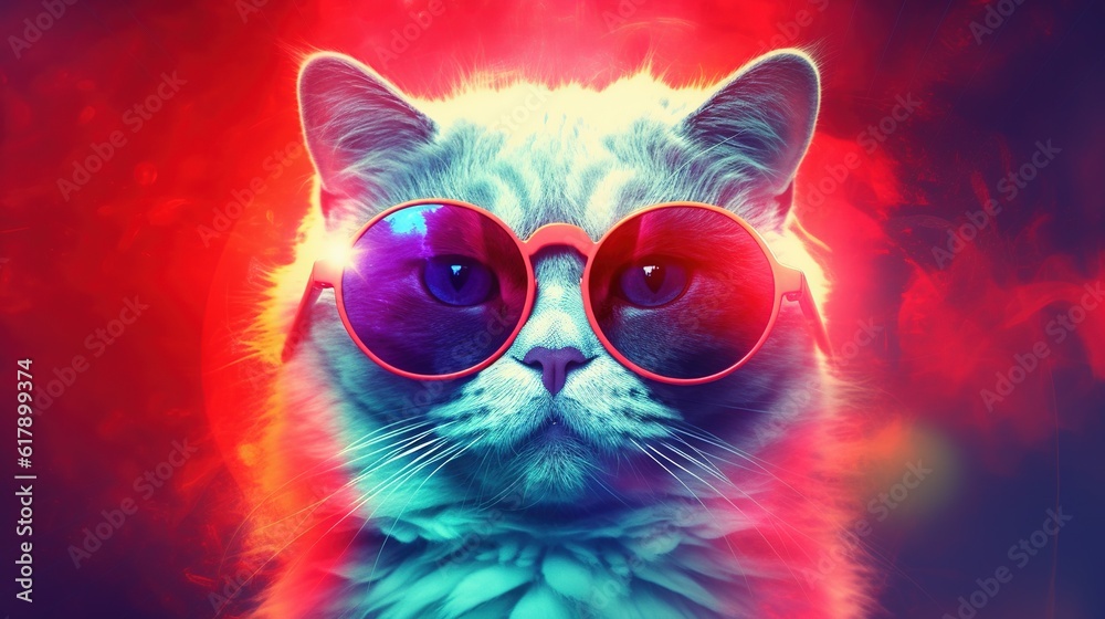 Stylish cat posing in sunglasses. Close portrait of furry kitty in fashion style. Generative AI illustration. Printable design for t-shirts, mugs, cases, etc.