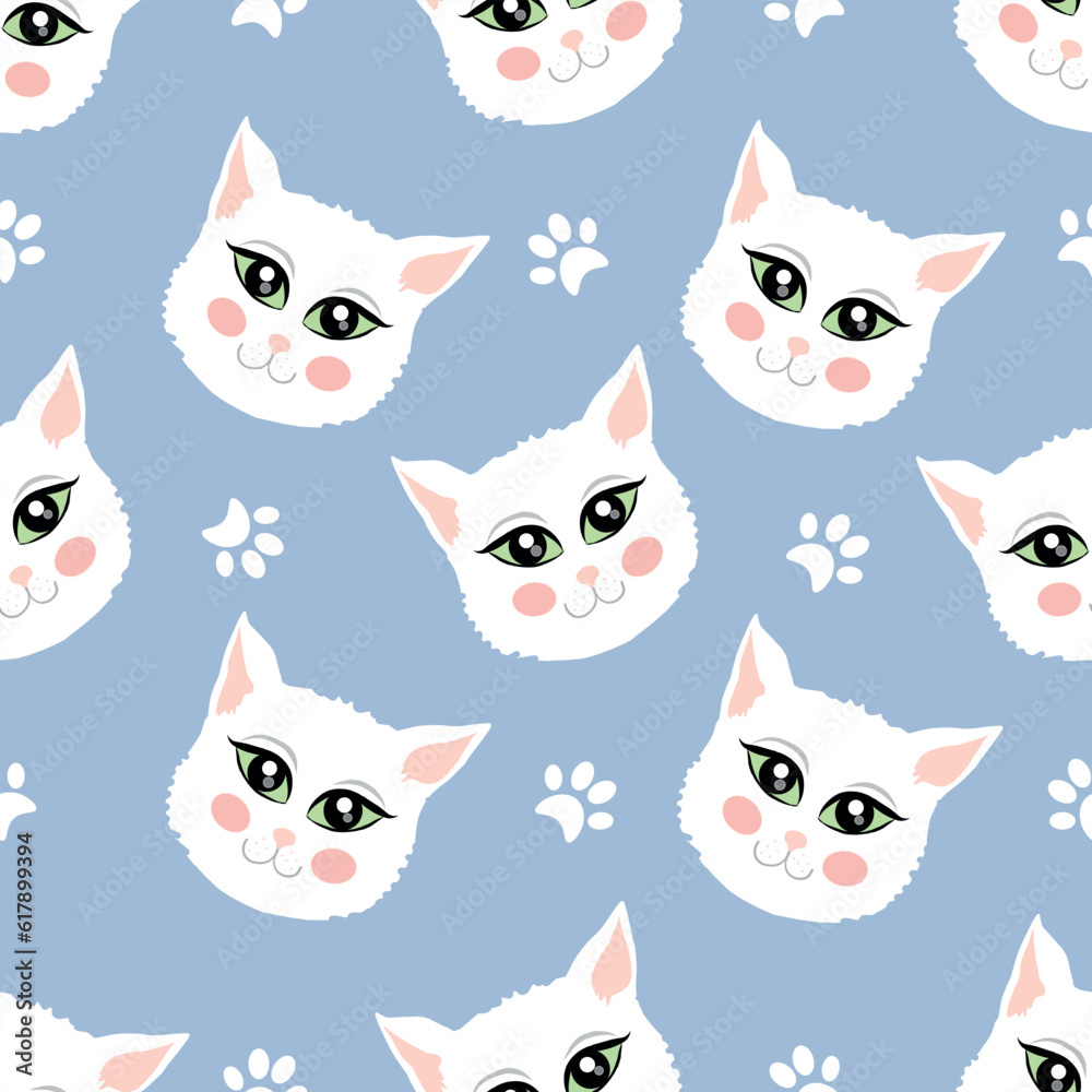 Vector White Cute Cats with footprints signs on pastel blue background. Cartoon Style Cats Faces with Foot Traces Repeatable Texture Design Background.