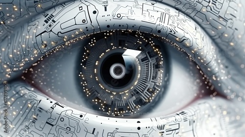 Close up of a robot eye. Artificial intelligence. Concept of technological vision or artificial intelligence control. Generative AI. Illustration for banner, poster, cover, brochure or presentation.