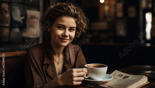 One young woman smiling, holding coffee cup, enjoying coffee break generated by AI