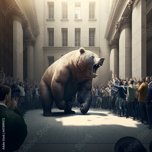 a bear fighting with a bull in the middle of the Wall Street surrounded by people yelling and throwing money realistic extremely detailed uhd 