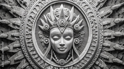 Ancien spiritual face sculpture carved. A Phantasmagoric relief portrait of a fantasy goddess with a crown. Sacred god. Generative AI. Illustration for cover, card, postcard, interior design or print.