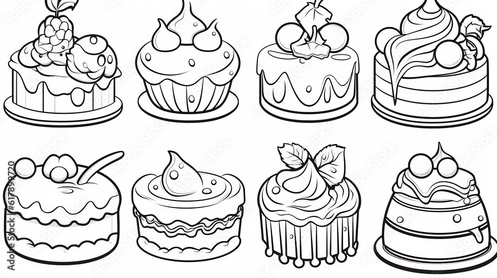 Children's coloring book with holiday cakes, black and white graphics with a curly pattern. The development of motor skills of children with drawings. Generative AI
Children's coloring book with holiday cakes, black and white graphics with a curly pattern. The development of motor skills of children with drawings. Generative AI