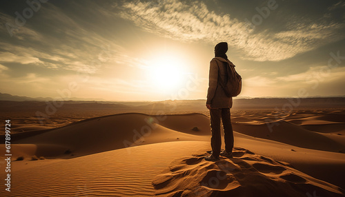 Solitary adventurer standing on arid sand dune at sunrise  exploring nature generated by AI