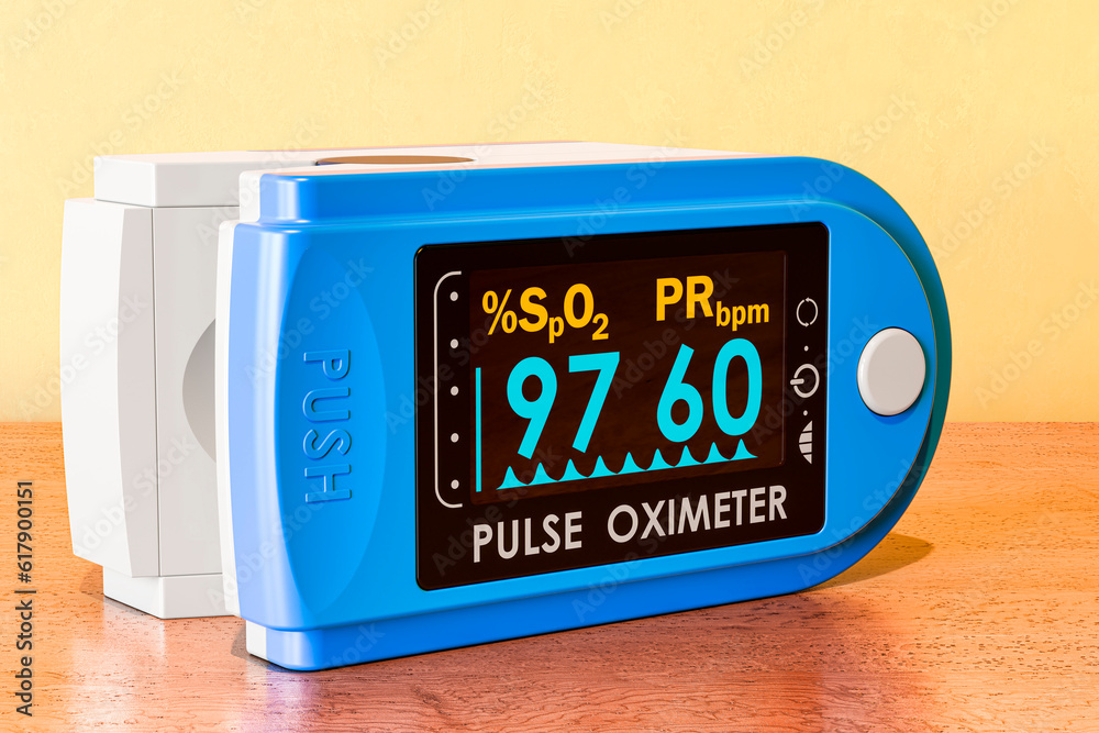 Pulse oximeter fingertip on the wooden table. 3D rendering Pulse oximeter fingertip on the wooden table. 3D rendering