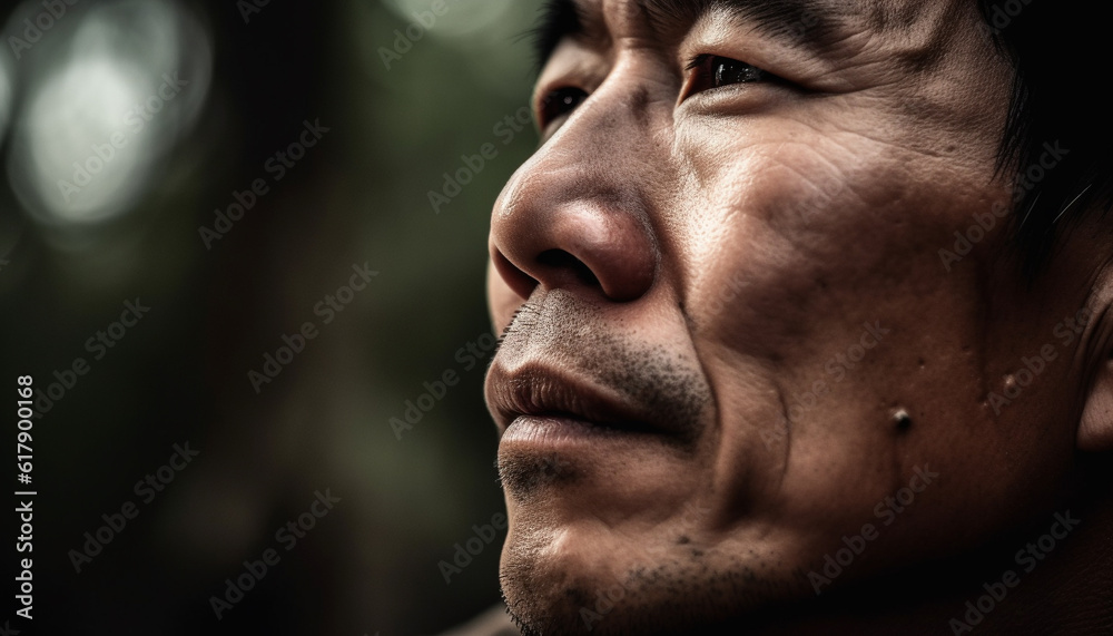 Obraz premium Serene senior man with gray hair looking at camera outdoors generated by AI