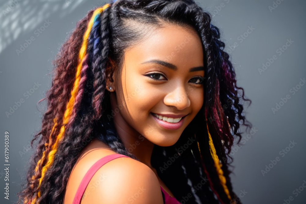 Digital photo of young smiling cool black woman with colorful braided, standing in the campus of the university or college. Back to School concept. Generative AI Digital photo of young smiling cool black woman with colorful braided, standing in the campus of the university or college. Back to School concept. Generative AI