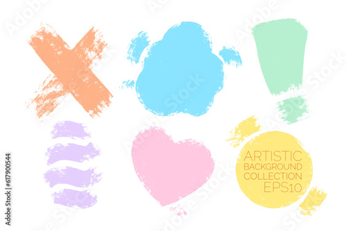 Shapes design elements set. Textured painted vector backdrops such as cross, exclamation point, cloud, heart, waves and circle. Artistic clip art collection.