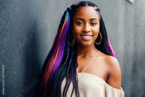 Digital photo of young  smiling cool black woman with colorful braided, standing in the campus of the university or college. Back to School concept. Generative AI