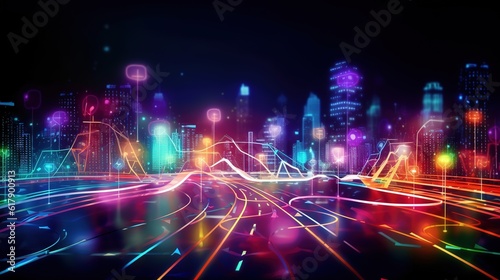 Night on the town from a height. A digital illustration of a city a night with technology connection lines. Communication concept. Generative AI. Illustration for banner, poster, cover or presentation