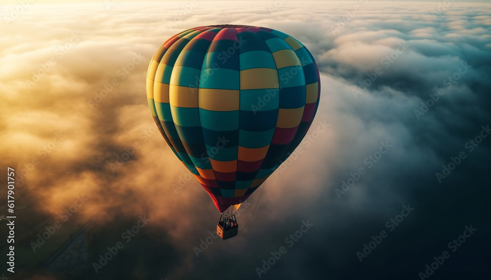 Naklejka premium Multi colored hot air balloon gliding high up in the sky generated by AI