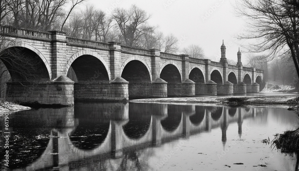 Ancient arch bridge reflects tranquil winter landscape, a historic monument generated by AI