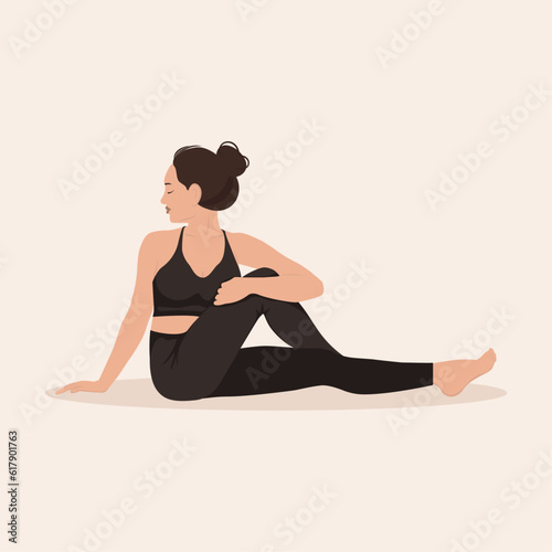 Woman training yoga asana Sage Twist Pose Variation Forward Bend, Young girl practice Marichyasana Variation Uttanasana on light background, vector illustration 