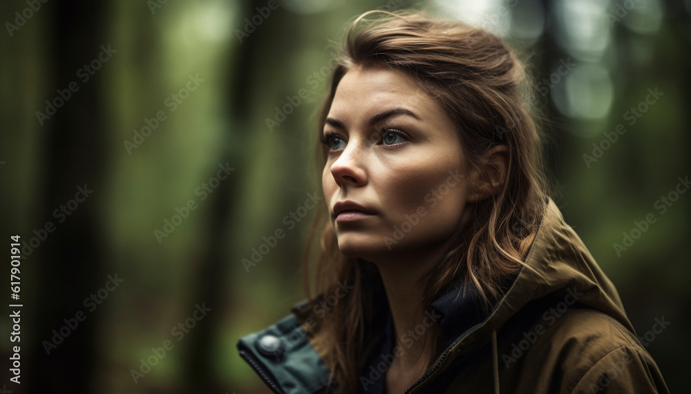 Naklejka premium Beautiful young woman in nature, smiling and looking at camera generated by AI