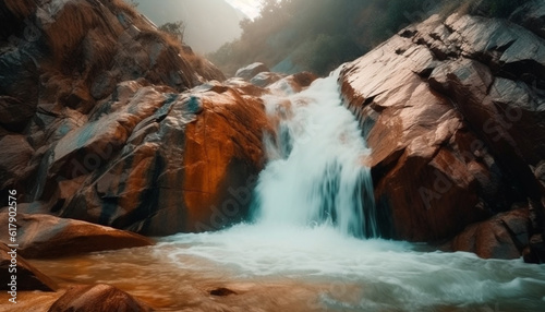 Smooth flowing water cascades down majestic mountain in tranquil scene generated by AI