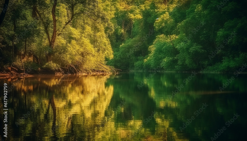 Tranquil scene of autumn forest reflects vibrant colors in pond generated by AI