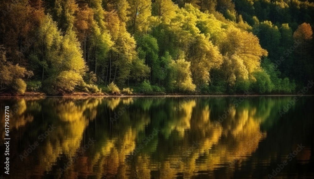 Tranquil autumn landscape yellow leaves, green trees, reflection in water generated by AI