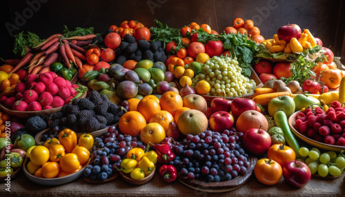 A large basket of multi colored, fresh, organic fruits and vegetables generated by AI