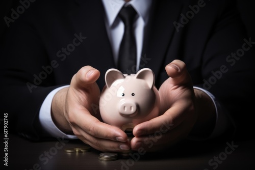 Piggy bank in businessman hands. Concept of finance, credit and mortgage, investment, economy and money savings. 