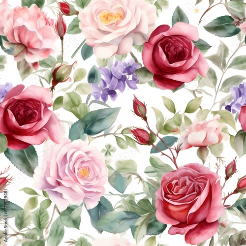 A seamless pattern featuring watercolored roses in differnt sizes and colors. Generative AI