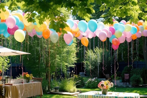 Fotografiet kids birthday, garden party venue, garden filled with balloons, party filled wit