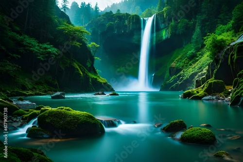 Jungle waterfall cascade in tropical rainforest with rock and turquoise blue pond. Its name Banyumala because its twin waterfall in mountain slope