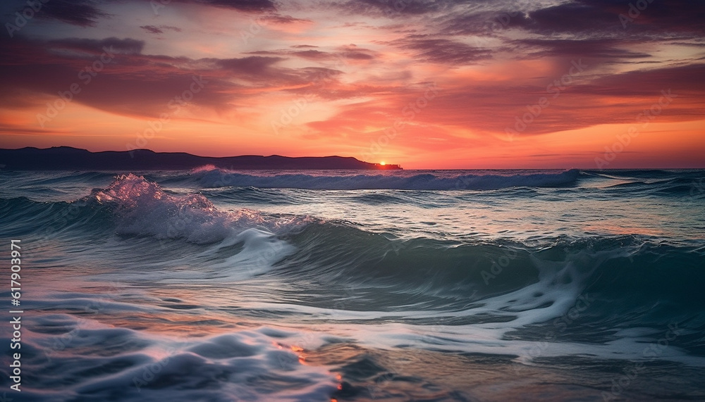 Tranquil sunset over tropical coastline, waves crash on wet sand generated by AI