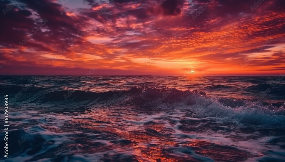 Vibrant sunset over tranquil water, a dramatic nature scene generated by AI