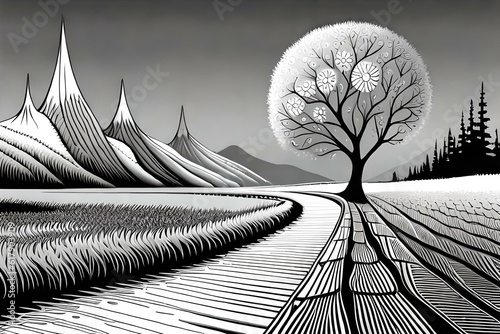 landscape with trees and mountrains coloring book generated by AI photo