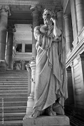 BRUSSELS - JUNE 22: Statue of Lycurgos ancient king of Sparta from vestiubule of Justice palace photo